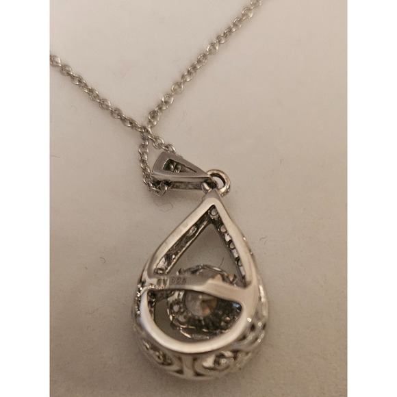 Teardrop Pendant Necklace Dancing Round Cut Crystal Halo Silver Tone - Picture 13 of 16